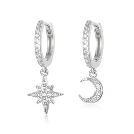 Moon Star Earrings Set for Women, Gold/Silver Cartilage Huggie Hoop Earrings with Zirconia, Multiple Piercings Hoop Earrings, Hoop Earrings, Hanging Earrings for Women, Copper