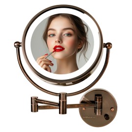 OVENTE Wall Mounted Lighted Makeup Vanity Mirror, 9" Hard Wired Double Sided 1X/7X Magnifying Bathroom Mirror, Dimmable LED Lights, 360° Rotation and 14" Extendable Arm, Antique Brass MPWD3185AB1X7X