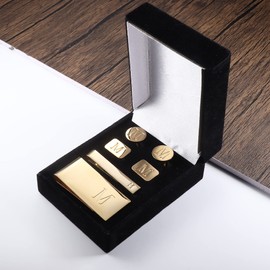 JOERICA Gold Initial Cufflinks for Men and Tie Clip Set for Men Alphabet Letter Wallet Tie Clips and Cuff Link with Gift Box For Father Husband