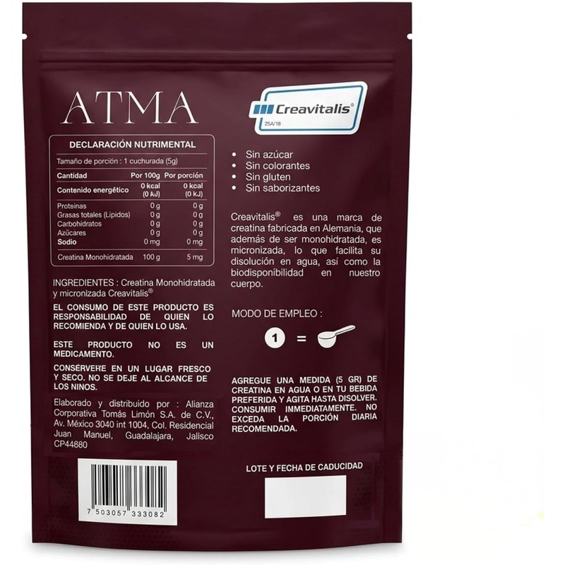 ATMA Creatina Monohidratada 300g Pura Creavitalis® 60 Porciones
