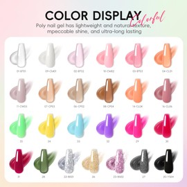 PEACECOLOR 45Pcs Poly Nail Gel Kit with U V Light, 25 Colors Glitter Pink Nude Blue Green Nail Extension Gel Starter Kit with Slip Solution Glossy Matte Top Coat DIY Home Salon