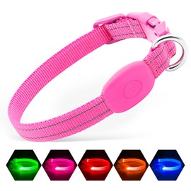 Illumifun Small LED Dog Collar, USB Rechargeable Light Up Dog Collar, Adjustable Safety Collar Light for Small Dogs Cats Glow in The Dark (Pink, X-Small)