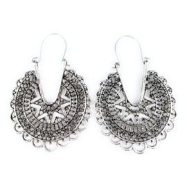 antiqued Silver earrings hoops filigree medallion door knocker hoop huggie 1 5/8 inches wide