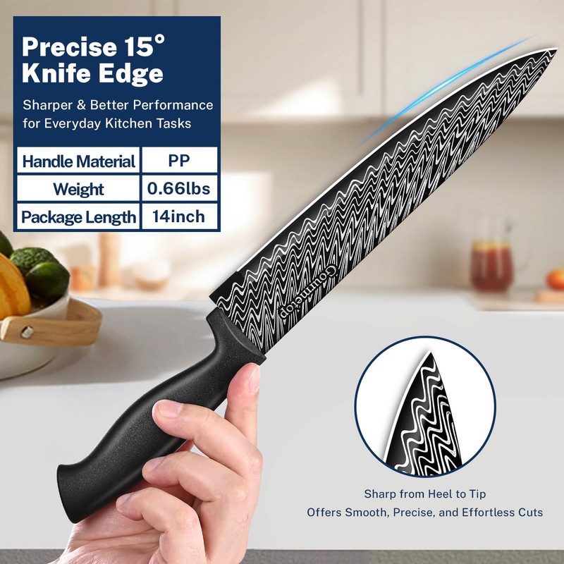 Gourmetop Kitchen Knife Set with Cover 3 Pcs, Black Chef