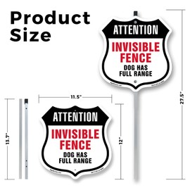 Attention Invisible Fence Dog Has Full Range 12 inch X 12 inch Shield Shaped Commercial Grade Plastic Sign with Aluminum Mounting Stake Weather Resistant Made in the USA