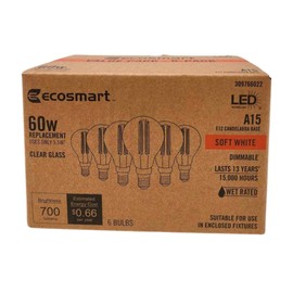 EcoSmart A15 LED Light Bulbs | Clear | Vintage Filament | 700 Lumens | 60W Equivalent | Candelabra E12 Base | Dimmable | Soft White (2700K) | Ideal for Ceiling Fans | 6-Pack