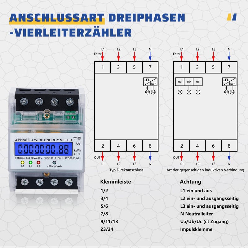 BOSYTRO Electricity Meter, 3-Phase Electricity Meter, DIN Rail 230 /