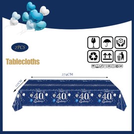 40th Birthday Table Decoration 2pcs Navy silvery 40th Table Cloth,Happy 40th Birthday Tablecloth for Man Woman,137*274cm Plastic Tablecloths Table Cover 40th Birthday Decorations for Him Her
