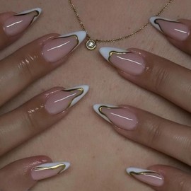 White French Tip Press on Nails Medium Almond Fake Nails 3D Gold Line False Nails with Design Nude Glue on Nails Artificial Acrylic Full Cover Glossy Stick on Nails for Women Manicure 24Pcs
