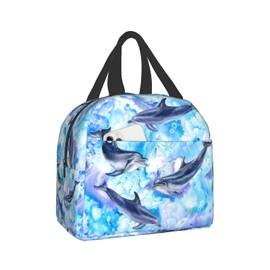 Hulnulnu Ocean Dolphin Insulated Lunch Bag,Summer Sea Animal Blue Reusable Insulated Leakproof Cooler Tote Bag with Front Pockets for Women Men Travel Picnic Work Shopping