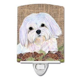Caroline's Treasures SS4073CNL Maltese on Faux Burlap with Pine Cones Ceramic Night Light Compact, UL-Certified, Ideal for Bedroom, Bathroom, Nursery, Hallway, Kitchen, 6x4x3, Multicolor