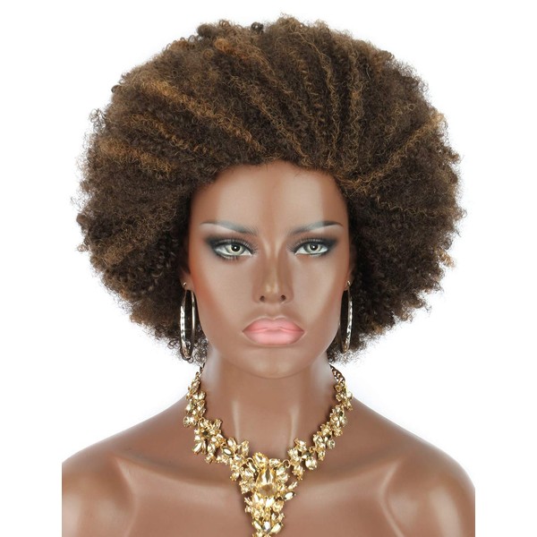 Kalyss Big Bouncy Full Thick Short Afro Kinky Curly Wigs for Black Women Brown Highlights Lightweight Synthetic Hair Wigs 150% Density Natural Looking Fluffy Hair Replacement Wig