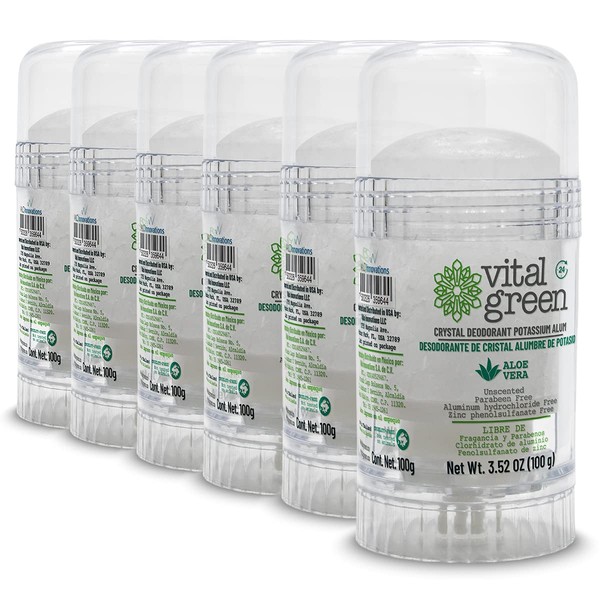 Vital Green Crystal Potassium Alum Deodorant with Aloe Vera – Unscented Mineral Deodorant for Sensitive Skin - 3.53 oz / 100 g (6 Units)