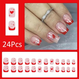 24Pcs Square Press on Nails Short Fake Nails Valentines Day Red Heart Petite Red Stick on Nails Full Cover False Nails Red French Glossy Glue on Nails Reusable Artificial Nails for Women Manicure Kit