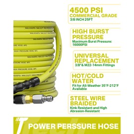 TechSweepPro Pressure Washer Hose 25FT 3/8" for Cold and Hot Water 248°F, with Swivel Quick Connect, 4500PSI Kink Resistant Grade Steel Wire Braided, Power Washer Hose With 2pcs M22-14mm Adapter