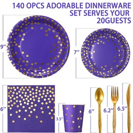 GuoZhiXin Purple and Gold Party Supplies 140 Pieces Golden Dot Disposable Party Dinnerware - Purple Paper Plates Napkins Cups, Gold Plastic Forks Knives Spoons for Baby Shower, Wedding, Graduation