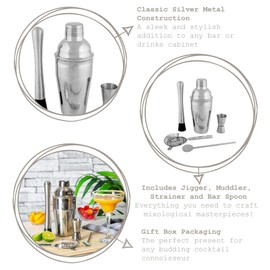 Rink Drink 5 Piece Manhattan Cocktail Shaker Set - with Hawthorne Strainer Jigger Bar Spoon Muddler - Silver