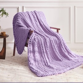 Chunky Knit Throw Blanket, 30''*40'' Knitted Throw Chenille Blankets for Bed Couch, Handmade Light Purple Crochet Blanket Thick Blanket for Kids, Machine Washable Cute Comfy Blanket for Home Decor