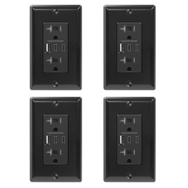 ECOELER USB C Wall Outlets, 3-Ports USB Charger Wall Socket, 20 Amp TR Receptacle Plug, 6.0A Electrical Power Outlet with Type A & Type C Ports, Wall Plate Included, ETL Listed, Black, 4Pack