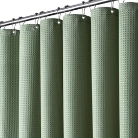 BTTN Waffle Shower Curtain, 180 x 200 cm, Anti-Mould, Heavy, Inner Coated with Waterproof Film, with 12 Plastic Hooks, Weighted Polyester Shower Curtains for Bathroom, Green/Sage Green