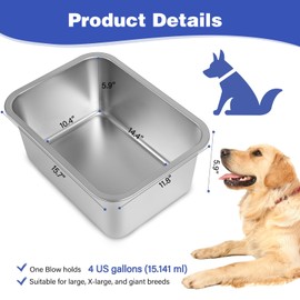 Lonepetu 4 Gallons Extra Large Dog Water Bowl, Stainless Steel Metal Dog Bowls,Extra Large Capacity Pet Food Bowl Water Dish for Indoor and Outdoor Universal for Large & Giant Dogs