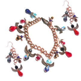 Twelve Protection Angels Heavy Copper Chain Charm Bracelet and Matching Earrings Set Red