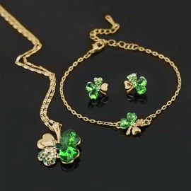 Auriselle Women's Jewellery Set Lucky Four Leaf Clover Rhinestone Earrings Necklace Bracelet 3 Pieces Women Jewellery with Cubic Zirconia Wedding Gifts for Ladies, Alloy Steel, No Gemstone