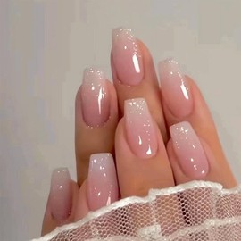 Aosedolr French Tip Nails Long Press on Nails Coffin Fake Nails Pink Nails Glossy Nails for Women and Girls 24 PCS/Set