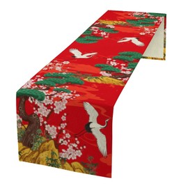 Japanese Cherry Blossom Crane Table Runner,Asian Pine Tree Crane Birds Chinese Red Farmhouse Rustic Table Runner for Party Holiday Dining Room/Kitchen,13 x 36 Inch