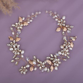 Teyglen Flower Bride Wedding Hair Vine Gold Leaf Rhinestone Headpiece Bridal Long Crystal and Pearl Headband Handmade Hair Piece Hair Accessories for Women Girls (Gold)