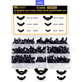 Siptenk Black SAE Wing Nuts 125PCS, #6-32#8-32#10-24 1/4"-20 3/8"-16 5/16"-18 Wingnuts 6 Assorted Sizes Carbon Steel Zinc Plated Butterfly Wing Nut Fasteners Hardware Assortment Kit