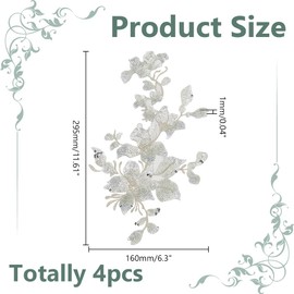 HOBBIESAY Pack of 4 Embroidery Sequins Lace Appliques Silver Leaf Flowers Patches Polyester Decorative Flower Appliques Dresses Sewing Decorations for Fabric DIY Crafts