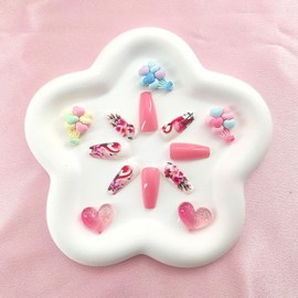 Valentine's Day Press on Nails Medium Coffin Fake Nails with Color Flower Design Flame Bird Glue on Nails Orange Red Full Cover False Nails Glossy Acrylic Valentines Nails Press ons for Girls 24Pcs