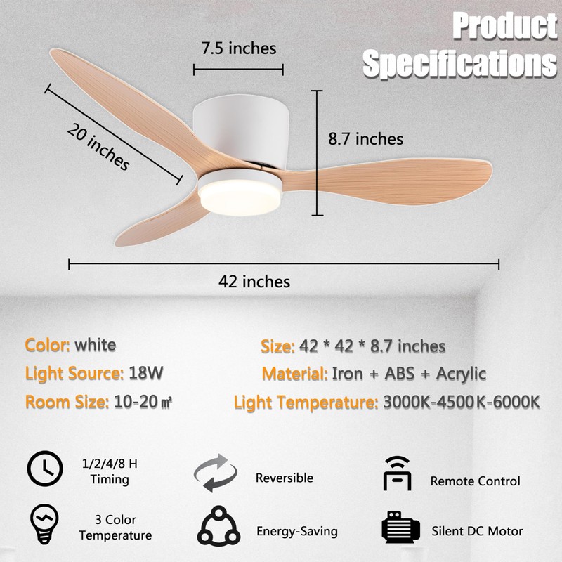 GESUM 42" Flush Mount Ceiling Fan Light with 3 Colors,