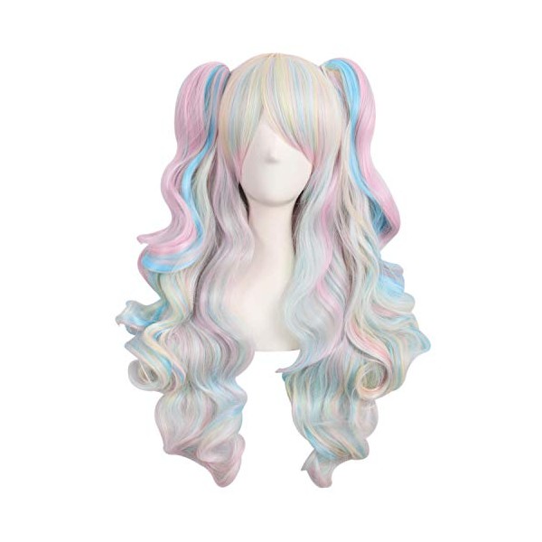 MapofBeauty Multi-color Lolita Long Curly Clip on Ponytails Cosplay Wig (Pink/Blue/Blonde)