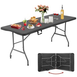 PIKAQTOP Folding Table 6 FT Heavy Duty Plastic Foldable Table with Carrying Handle for Garden Party Picnic Camping BBQ Dining Kitchen Wedding Market Events, Black