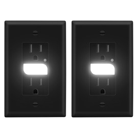 LIDER LED Guide Light Receptacle with Automatic Daylight Sensor and Wall Plate, Night Light Decorator Wall Outlet, 125VAC/15A Tamper-Resistant Receptacle, UL Listed, Black, 2-Pack