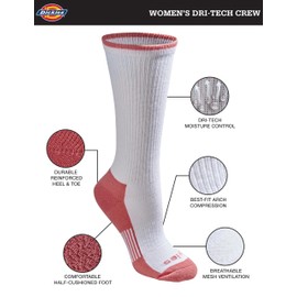 Dickies Women's Dritech Advanced Moisture Wicking Crew Sock (6/12 Packs), White With Bluish (6 Pairs), 4-6