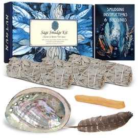 Nutgun Sage Smudge Kit - 3 White Sage Sticks, Palo Santo Stick, Abalone Shell, Smudging Feather & Guide~ Sage Incense Sticks for Cleansing House & Meditation