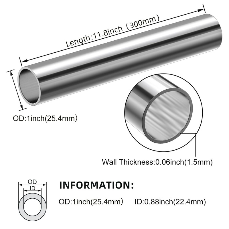 KWOKWEI 2PCS 300mm Stainless Steel Round Tubing, 1” OD, 7/8”
