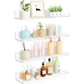 4 Pack Acrylic Shelves for Wall Storage, 15" Floating Bookshelves for s, Display Shelf Organizer for Bathroom, Bedroom, Living Room, Kitchen, Room Decor, Clear - Color: Clear, Item Package Quantit: 4