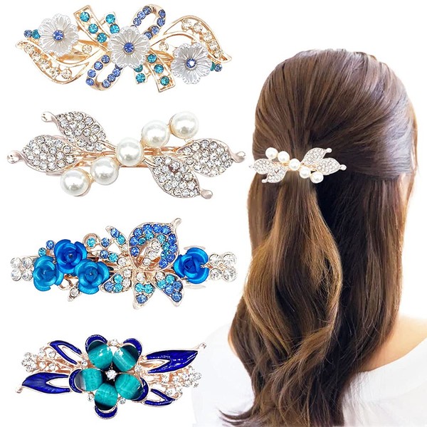 4 PCS Hair Barrettes for Women Ladies, Flower Crystal Rhinestones Barrettes Pearl Spring Hair Barrettes Clip Accessories Women Fashion Ponytail Holders Barrettes for Daily Wear