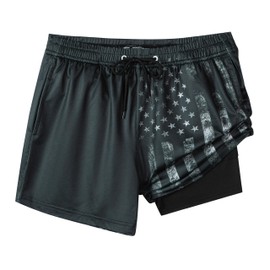 FT FENTENG Boys Swim Trunks with Compression Liner, Boys Bathing Suit Boys Swimming Trunks Black American Flag Boy Board Shorts Swimwear, Quick Dry 4 Way Stretch Beach Shorts for Boys, Medium