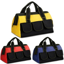 JJUNW 3 Pack Tool Bags for Men, Wide Mouth Tool Tote Bag with Waterproof Base, Heavy Duty Tools Storage Bag for Electrician Carpenter Mechanic (13 Inch,Blue, Red, Yellow)