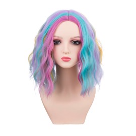DUDUWIG Rainbow Wig for Kids Girls Short Colorful Wavy Curly Wig Child Multi-color Side Part Wig for Dress Up Party Cosplay Synthetic Wigs Hairnet Include