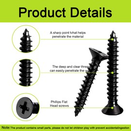 Wood Screws Assortment Kit, 500Pcs Phillips Drive Assorted Screws, Black Flat Head Wood Screws, 8 Sizes (1/4",5/16",3/8",1/2",5/8",3/4",1",1-1/4") with 50 M6 Anchors