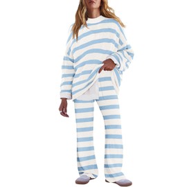 LAMISSCHE Oversized Womens Lounge Set Striped Sweater Set Long Sleeve 2 Piece Pajama Set Top and Pants with Pockets(White&Lt Blue,S)
