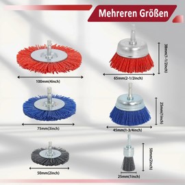 9-teiliges Nylonbürsten Bohrmaschinen Set – Schleifbürsten Aufsatz zum Entrosten, Entlacken, Reinigen von Metall, Holz, Kunststoff, Stein – Rundbürsten & Topfbürsten