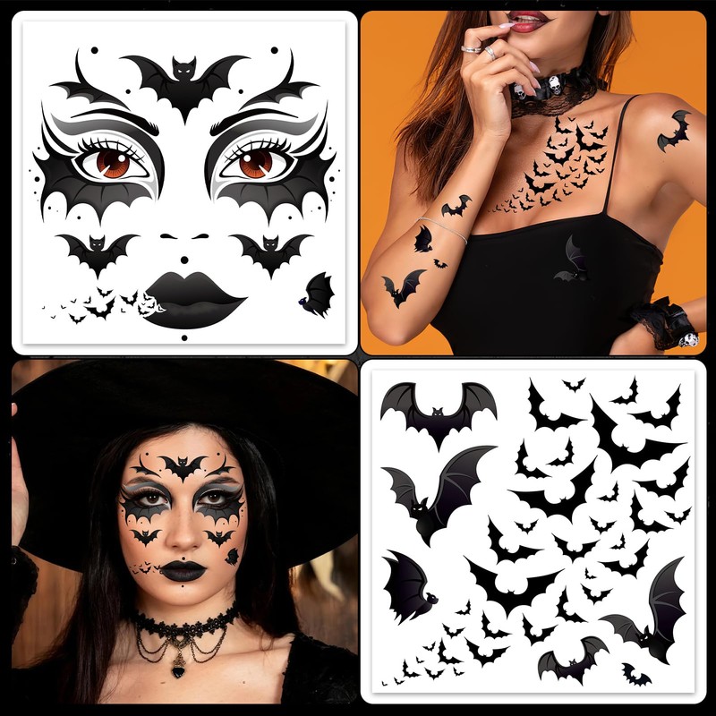 HOWAF 4 Sheets Halloween Face Tattoo Bat Tattoo Face Bat