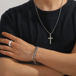 3 PCs Cross Link Chain Necklace Bracelet Ring Jewelry Set for Women Unisex Silver-Toned Chunky Pendant Necklaces Hip Hop Punk Goth Streetwear Accessory